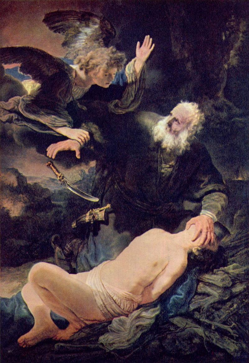 Rembrandt, The Sacrifice of Isaac (1635), depicting an angel staying Abraham's hand at the moment of sacrifice on Mount Moriah