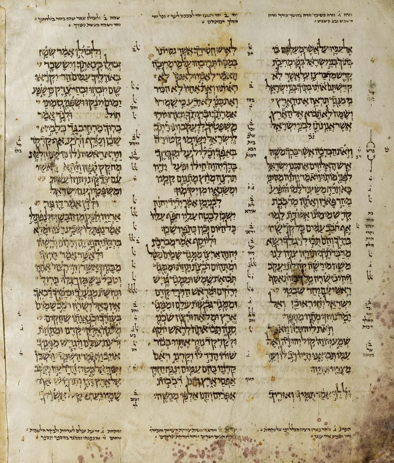 A page from the Aleppo Codex, a c. 920 CE Masoretic manuscript of the Hebrew Bible, showing the vocalization system and marginal notes
