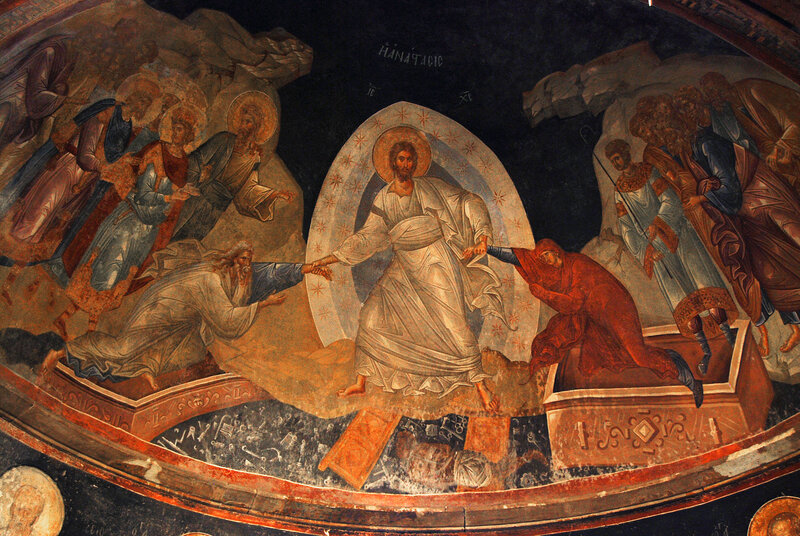 Anastasis fresco from the Chora Church in Istanbul—Christ descends into darkness, shatters the gates of hell, and pulls Adam and Eve into the light of the Resurrection