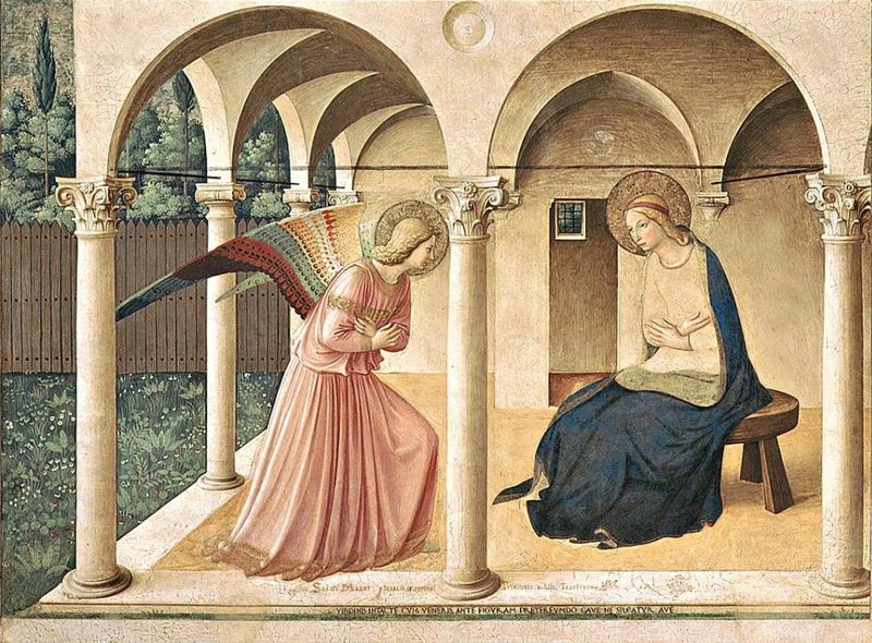 Fra Angelico's Annunciation fresco at San Marco — the angel Gabriel announces to Mary the Incarnation of the Word, the moment when the Creator entered his creation
