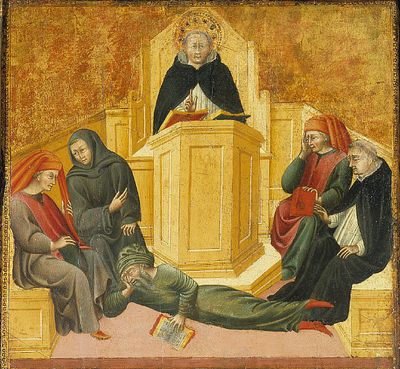 St. Thomas Aquinas Confounding Averroës, tempera on panel by Giovanni di Paolo, circa 1445–1450