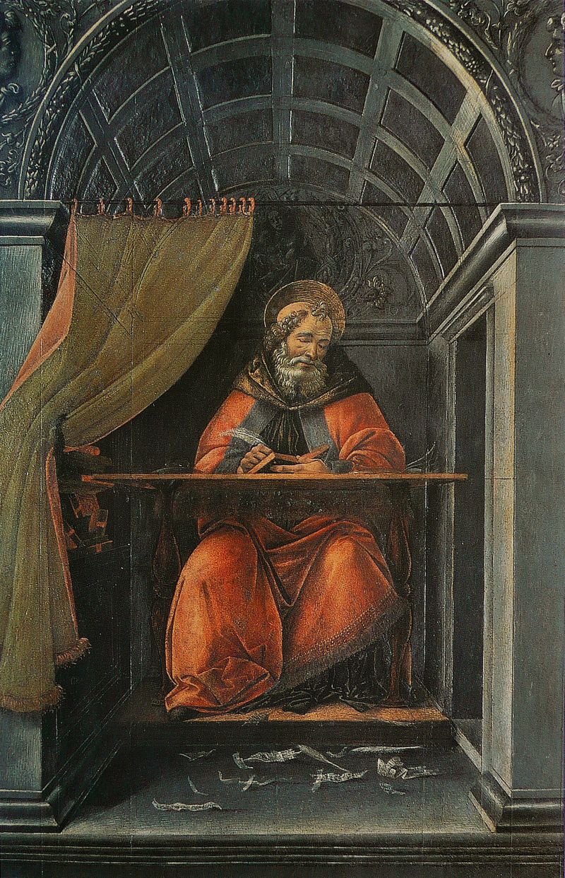 Sandro Botticelli's fresco Saint Augustine in His Study, depicting the bishop of Hippo seated at his desk surrounded by books, an astrolabe, and an armillary sphere.