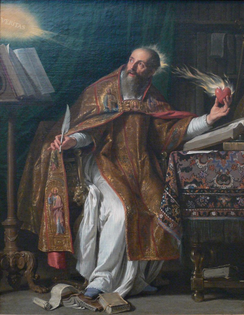 Philippe de Champaigne's portrait of Saint Augustine in ornate vestments, holding a quill and a flaming heart, with the word Veritas radiating from a light above