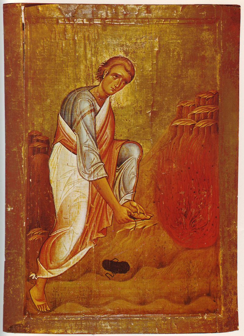 Icon of Moses before the burning bush, a key Old Testament scene involving the Angel of the Lord