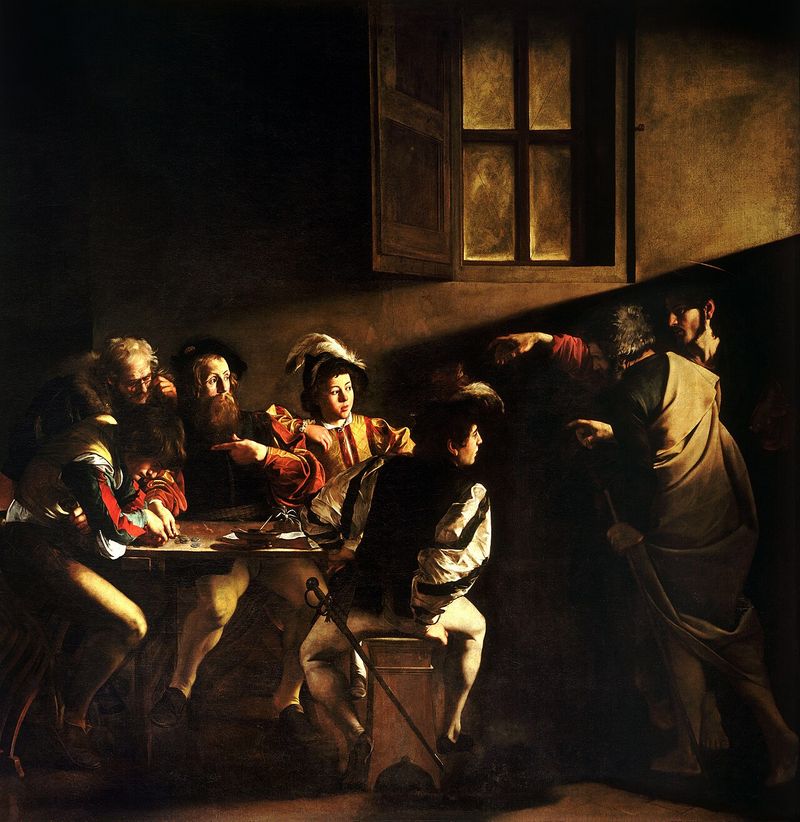 The Calling of Saint Matthew by Caravaggio (1599-1600), depicting the moment Jesus calls Matthew the tax collector to follow him