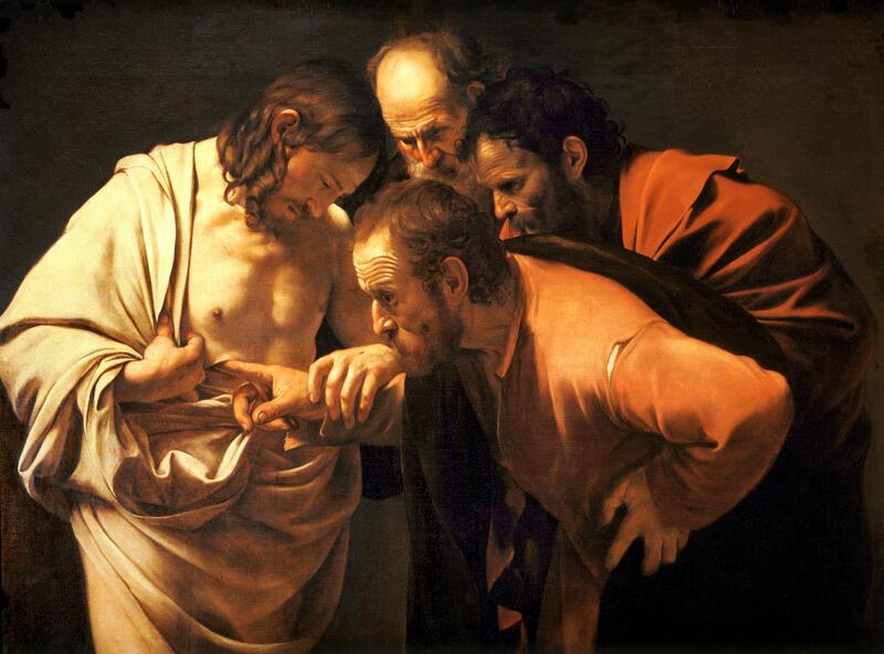 Caravaggio, ‘The Incredulity of Saint Thomas’ (1601–1602)—Thomas probing the wound in the side of the risen Christ while two other apostles lean in to see, the paradigmatic scene of faith and doubt held together in one moment