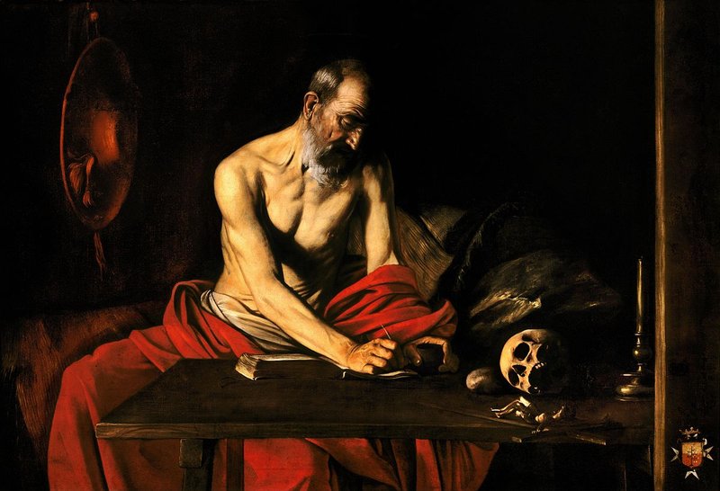 Caravaggio, 'Saint Jerome Writing' (c. 1607)—the Church Father and translator of the Latin Vulgate, depicted at work in the Oratory of St. John the Baptist, St. John's Co-Cathedral, Valletta, Malta.