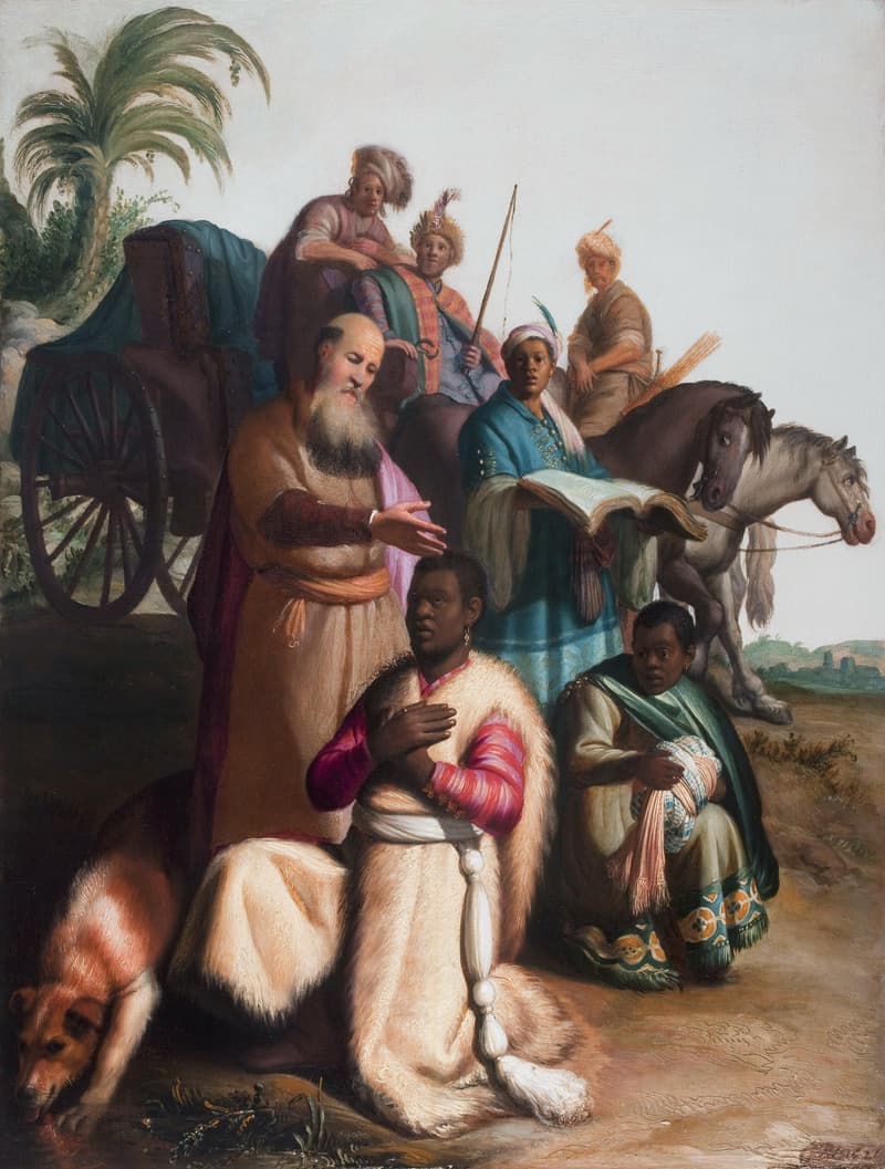 Rembrandt's painting of a balding, white-bearded Philip in a brown robe gesturing over a kneeling African official in a fur-lined white robe, his hand pressed to his chest; behind them a turbaned attendant holds open a large book, riders wait beside a covered carriage under a palm tree, and a dog drinks at a pool in the foreground.