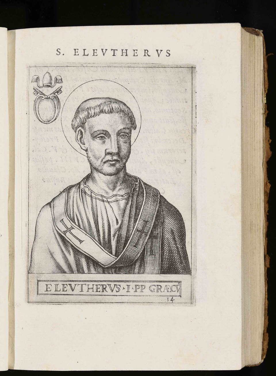 Sixteenth-century engraved portrait of Pope Saint Eleutherius, haloed and vested, with the papal tiara-and-keys coat of arms beside him, from Giovanni Battista de' Cavalieri's 1580 series of papal portraits