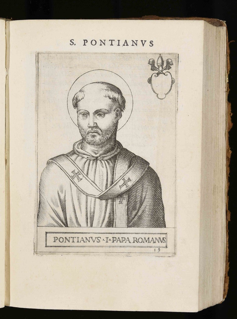 Sixteenth-century engraved portrait of Pope Saint Pontian, haloed and bearded, with the papal tiara-and-keys coat of arms beside him, from Giovanni Battista de' Cavalieri's 1580 series of papal portraits