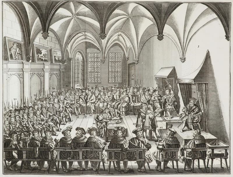 Andreas Nunzer's painting of the presentation of the Augsburg Confession to Emperor Charles V on June 25, 1530 — the founding act of confessional Lutheranism, in the same city where the 1999 Joint Declaration on Justification would be signed 469 years later