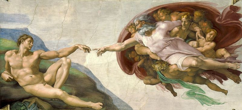 Michelangelo's Creation of Adam, detail from the Sistine Chapel ceiling, depicting God reaching toward Adam