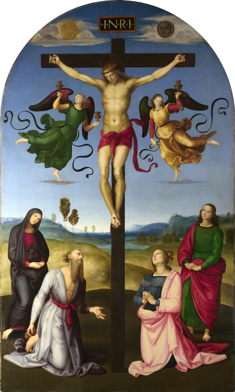 Raphael, Mond Crucifixion (c. 1502–1503), National Gallery, London — the crucified Christ flanked by the Virgin Mary, Saint John, Saint Jerome, and Mary Magdalene