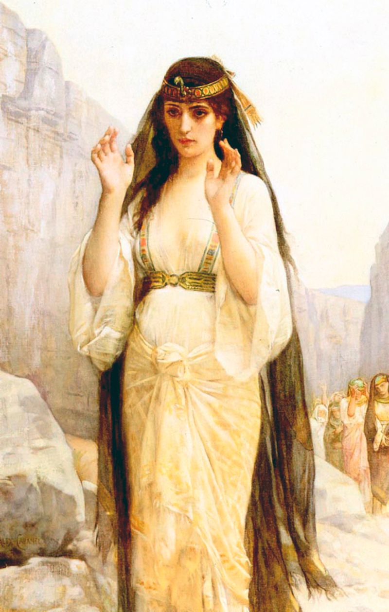 Nineteenth-century academic oil painting by Alexandre Cabanel of Jephthah's daughter in a white robe, head bowed in mourning, seated against a mountain landscape during her two-month lament