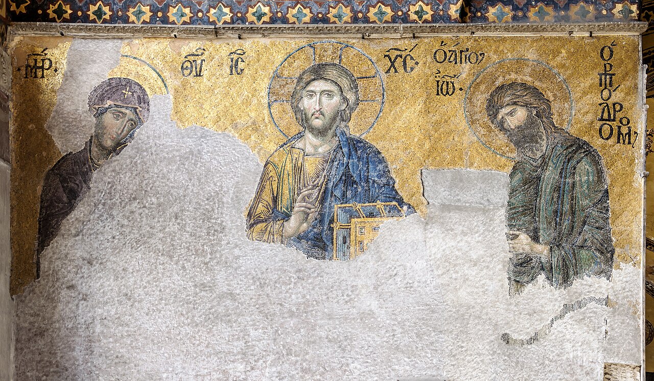 Deësis mosaic in the Hagia Sophia showing Christ, the Virgin Mary, and John the Baptist — a masterpiece of Eastern Orthodox Byzantine art.
