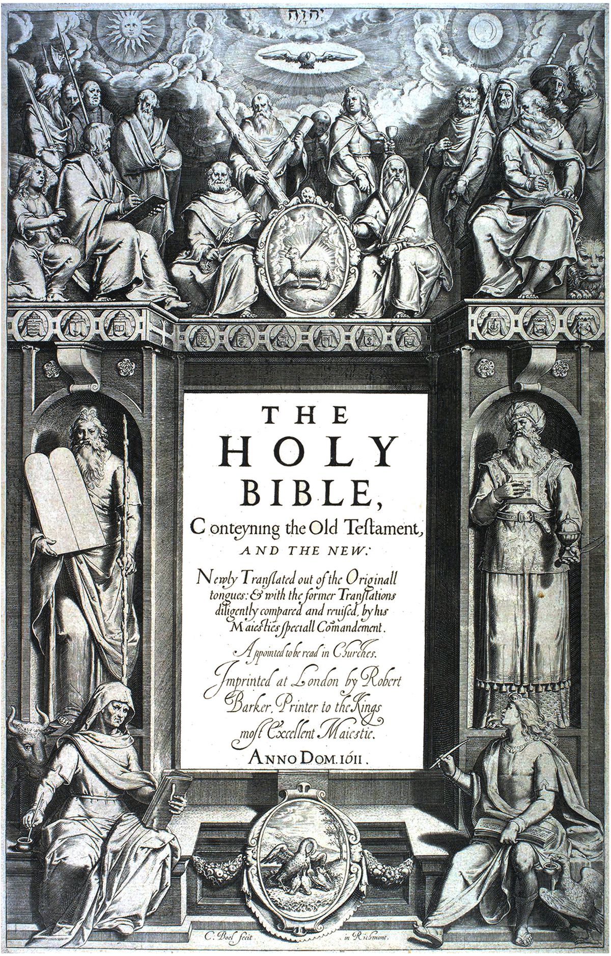 Engraved title page of the 1611 first edition of the King James Bible, attributed to Cornelis Boel
