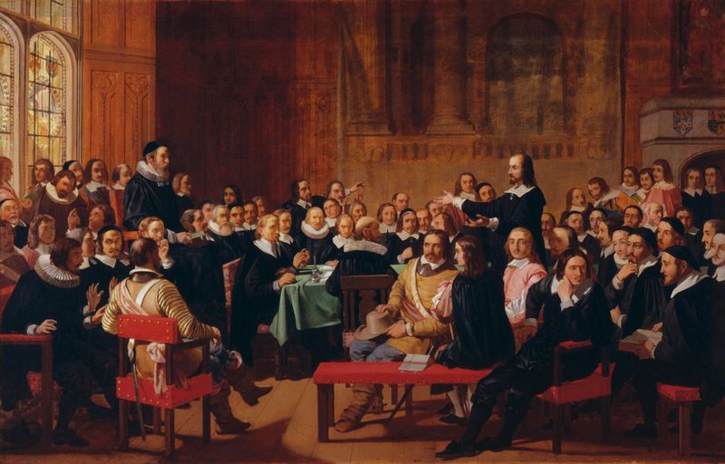 John Rogers Herbert's 1844 painting of the Westminster Assembly of Divines, depicting the Independents' assertion of liberty of conscience in 1644.