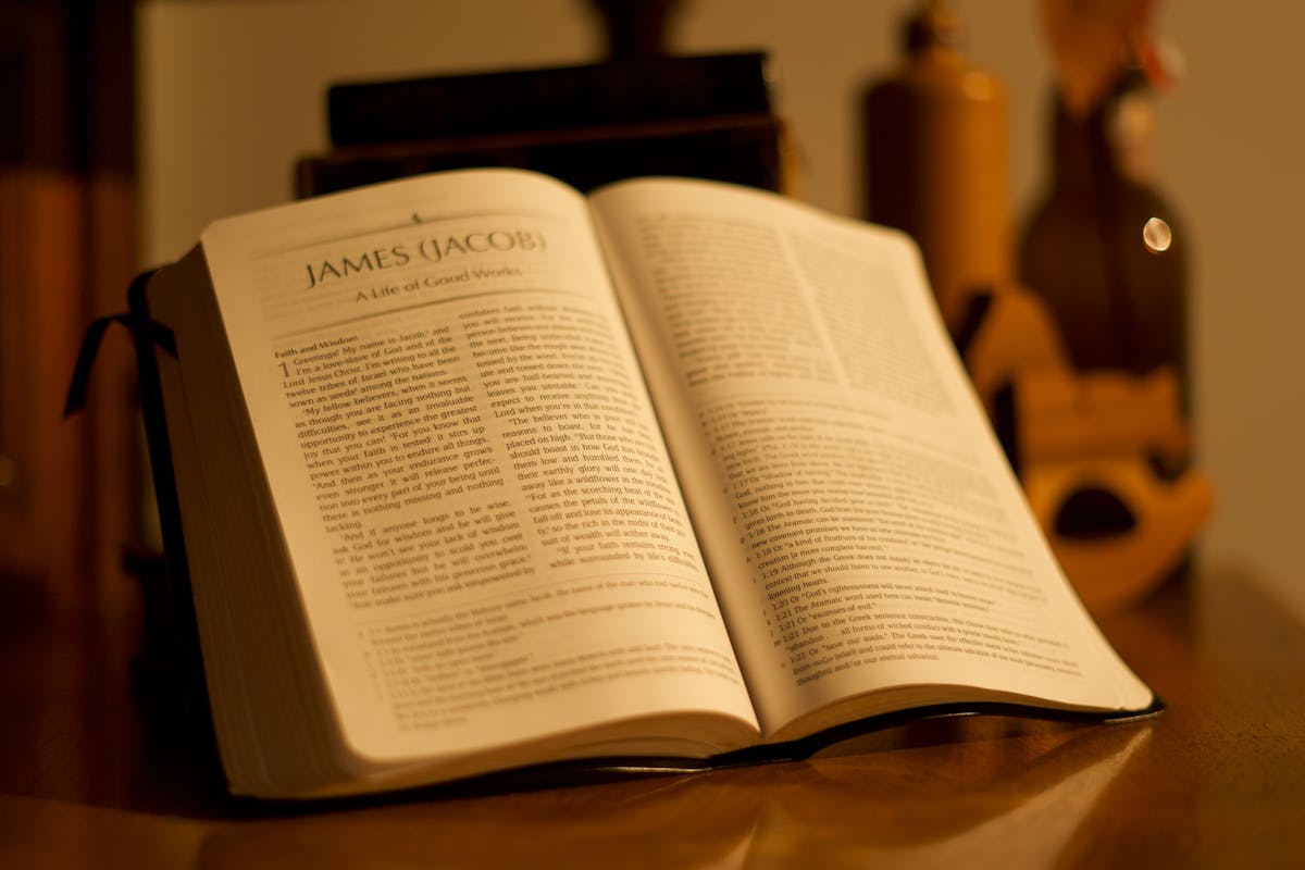 Open Bible displaying James, lit by warm study light—symbolizing deep scriptural engagement and theological reflection on vocation