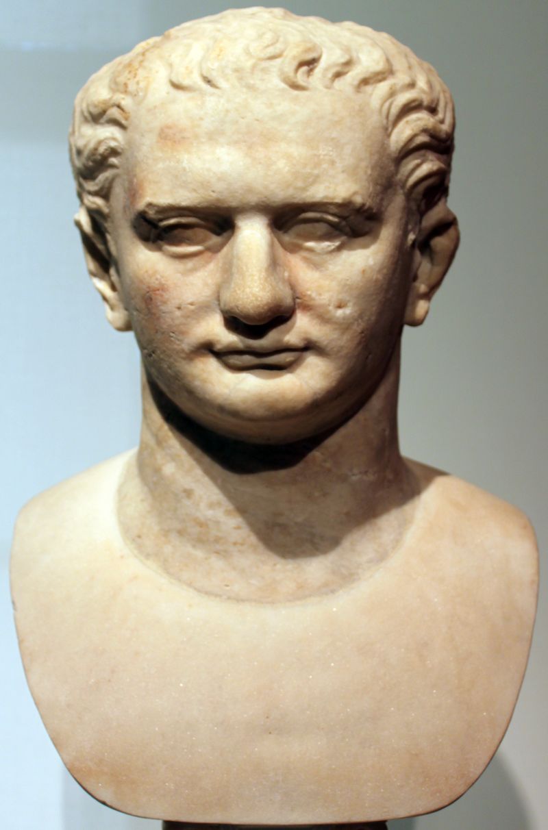 Roman marble portrait bust of Emperor Domitian, shown in three-quarter profile against a dark background