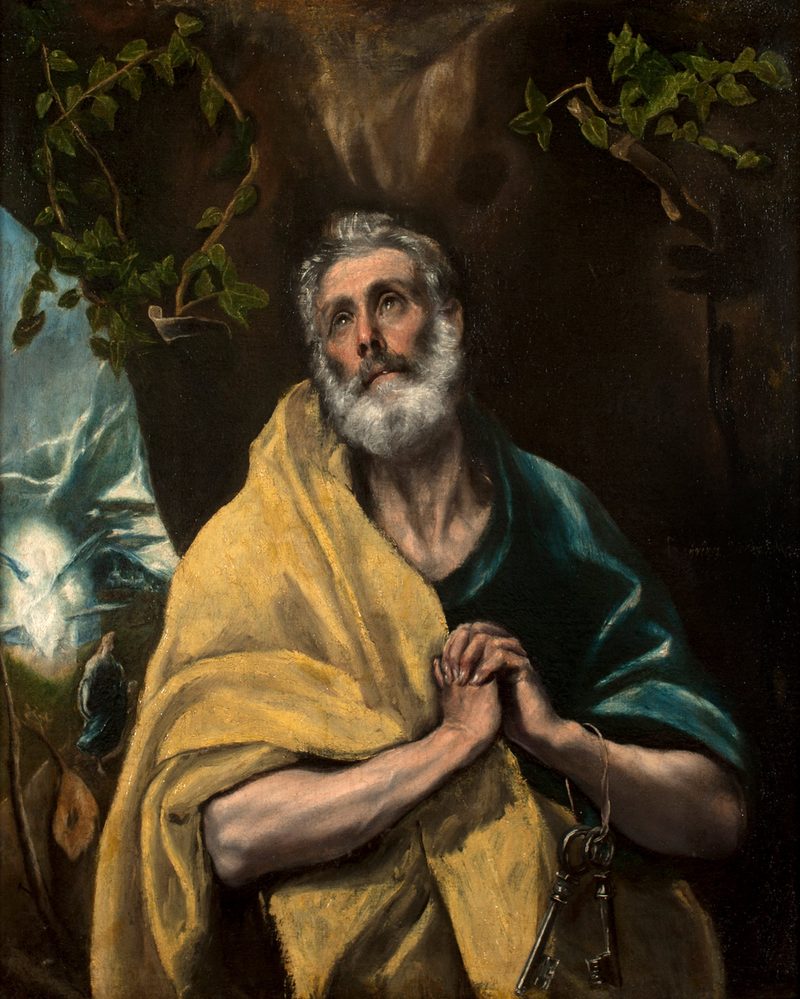 El Greco's Saint Peter in Tears (c. 1580–1589), depicting Peter weeping after his denial of Christ, hands clasped in prayer