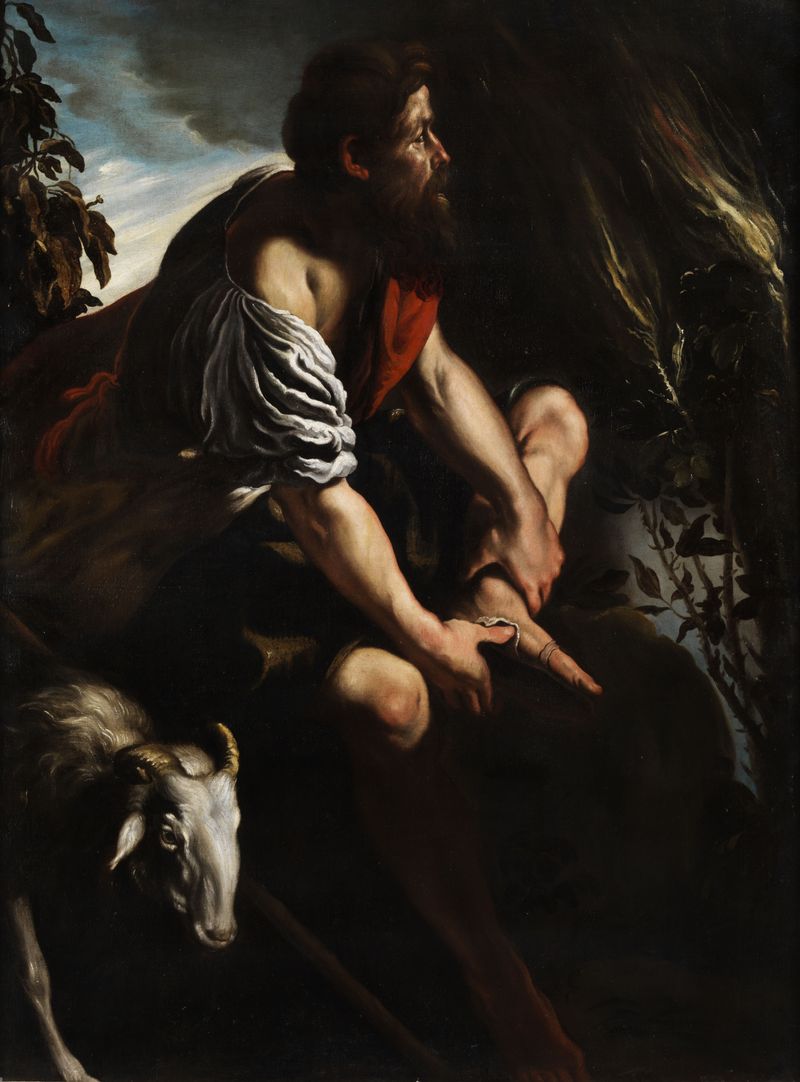 Painting of Moses kneeling before the burning bush by Domenico Fetti