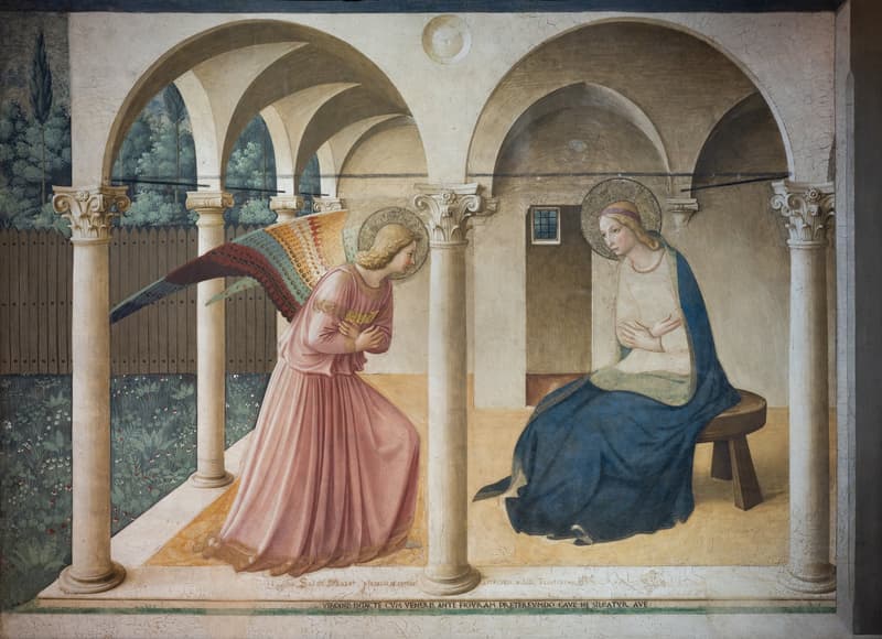 Fra Angelico's Annunciation, depicting the angel Gabriel announcing the Incarnation to Mary, who sits in quiet attentiveness in a simple cloister.