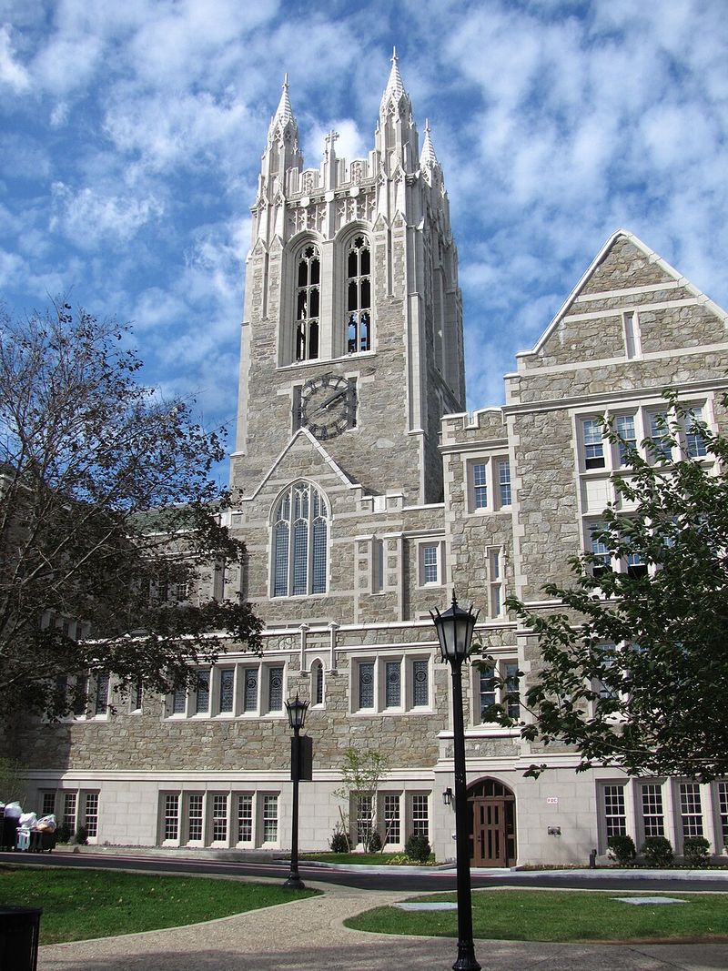 Gasson Hall at Boston College—the Gothic anchor of the Chestnut Hill campus that houses the renamed Gloria L. and Charles I. Clough School of Theology and Ministry