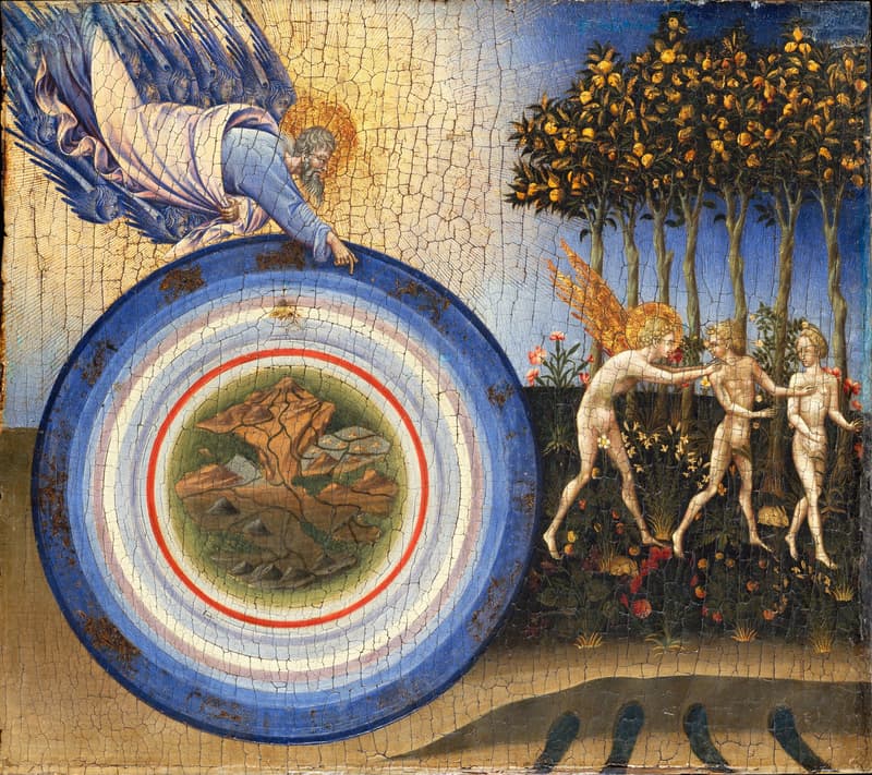Giovanni di Paolo's gilded panel of God, borne by blue-winged angels, pointing down at a disk of concentric colored rings with the earth at its center, while at right an angel pushes Adam and Eve out of a garden of fruit trees.