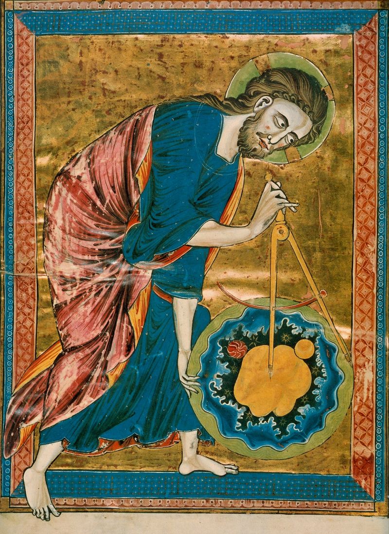 God as Architect of the World, frontispiece of the Bible Moralisée (c. 1220–1230), depicting God measuring creation with a compass