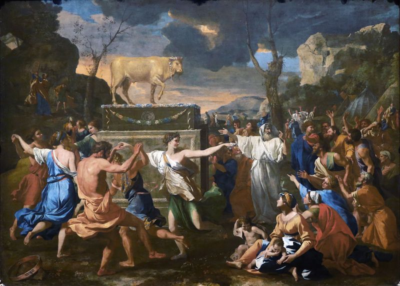 Nicolas Poussin's painting The Adoration of the Golden Calf: Israelites dance around the golden calf raised on its altar while Aaron, in white and gold vestments, gestures toward it