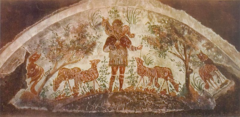 Early Christian fresco of Christ as the Good Shepherd from the Catacomb of Domitilla in Rome, the iconography that gives the Shepherd of Hermas its name.