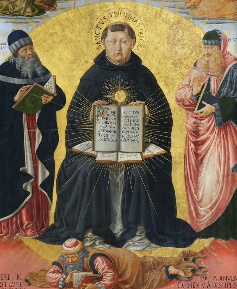 Benozzo Gozzoli's panel of Saint Thomas Aquinas enthroned against a gold disk, holding an open book, flanked by Aristotle and Plato, with Averroes lying at his feet.