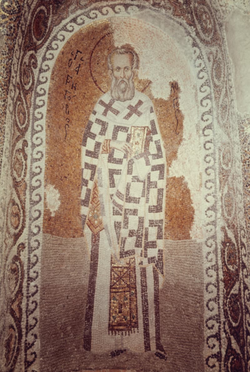 Byzantine mosaic of Saint Gregory the Theologian in bishop's vestments, standing in an apse niche of the Pammakaristos Church in Istanbul