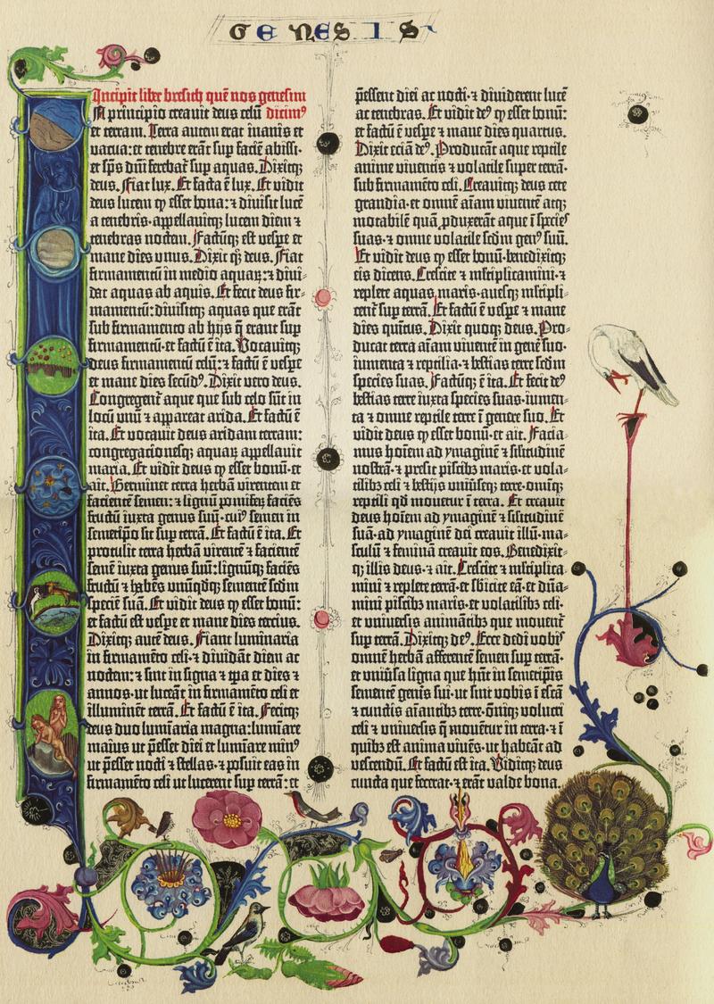 A page from the Gutenberg Bible showing the opening of Genesis, with illuminated initials and marginal decorations