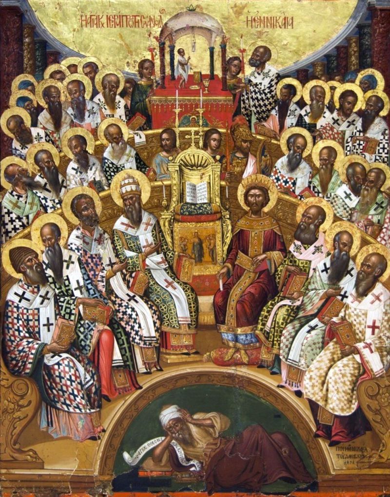 Byzantine icon by Michael Damaskinos (1591) depicting the First Council of Nicaea, illustrating the conciliar authority that shaped the New Testament canon.