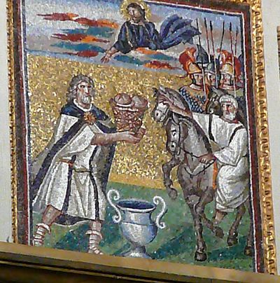 Medieval depiction of Melchizedek offering bread and wine to Abraham, illustrating the typological connection central to the Epistle to the Hebrews.