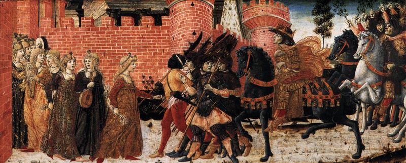 Quattrocento predella panel by Benvenuto di Giovanni (c. 1470) depicting Jephthah meeting his only daughter as she dances out of the doors of his house with a timbrel—the climactic moment of Judges 11:34