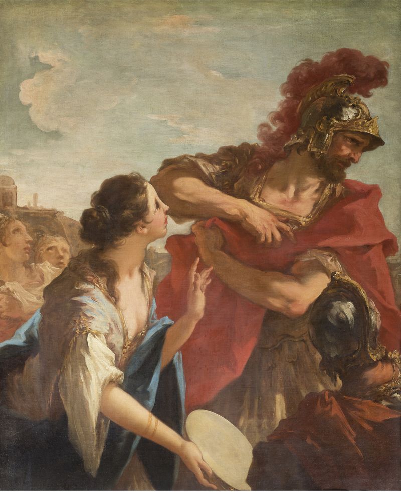 Venetian Baroque painting by Giovanni Antonio Pellegrini showing Jephthah, still in armor, recoiling in horror as his daughter dances out to greet his return from battle