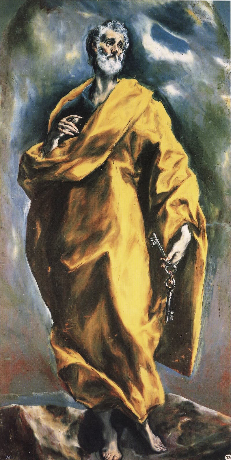 Painting by El Greco of Saint Peter robed in gold, holding the keys against a stormy sky.