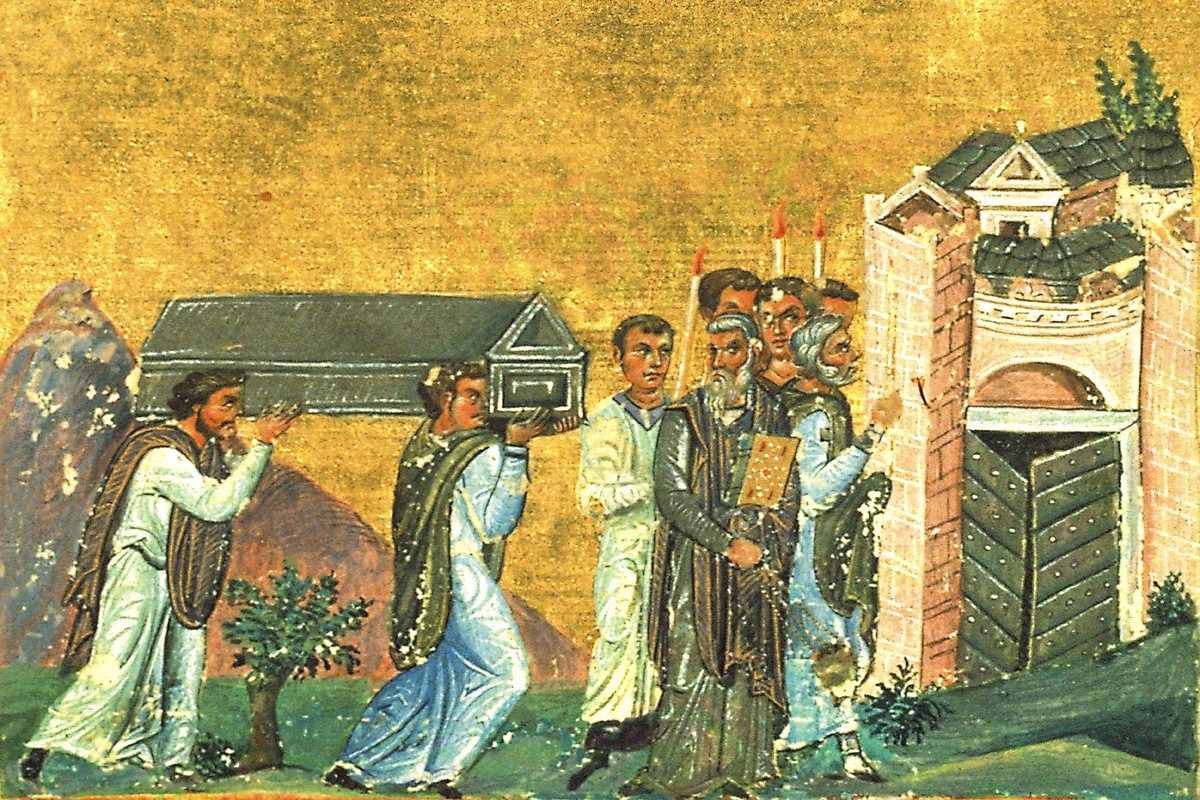 Byzantine manuscript miniature on a gold ground showing men carrying the coffin of Ignatius of Antioch in procession toward a city gate