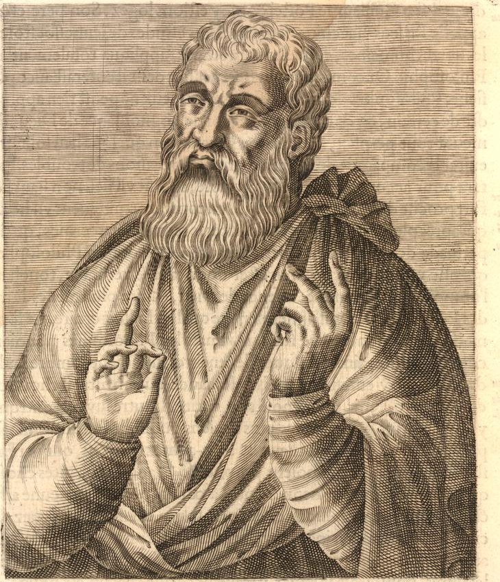 Sixteenth-century engraving of Justin Martyr as a bearded philosopher in a cloak, gesturing with both hands
