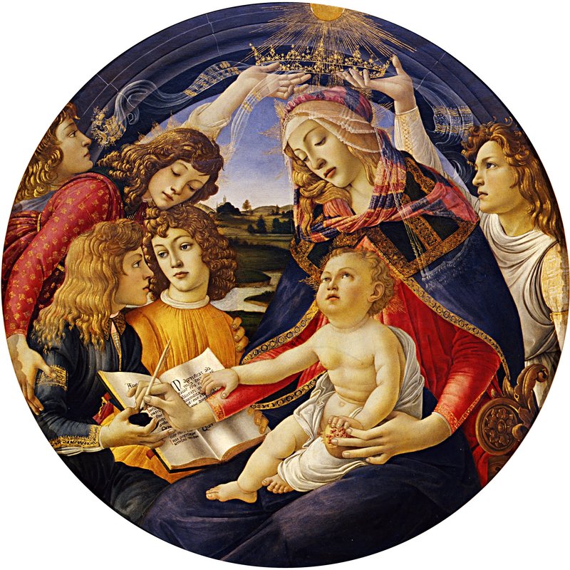 Sandro Botticelli, Madonna of the Magnificat (c. 1483), Uffizi Gallery, Florence — Mary writing the Magnificat with the Christ child