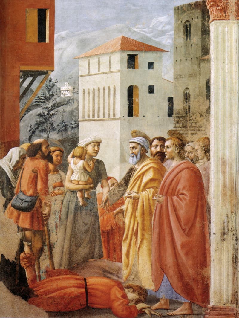 Masaccio's fresco of Saint Peter, in a yellow mantle, handing alms to a woman who holds a small child, with John in red beside him and the body of Ananias lying face down on the ground at their feet.