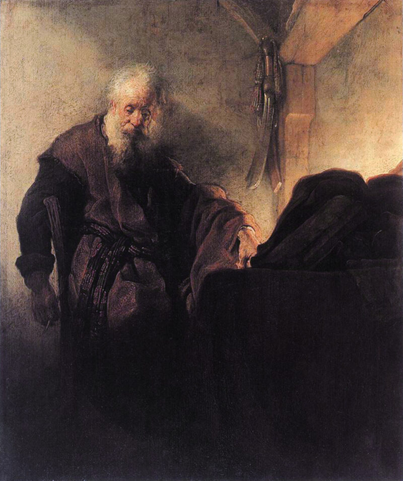 Rembrandt van Rijn, Saint Paul at His Writing Desk (c. 1629–1630). Germanisches Nationalmuseum, Nuremberg.