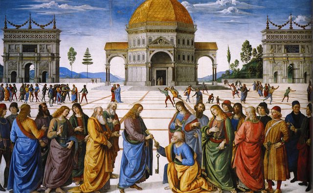 Pietro Perugino's fresco Delivery of the Keys to Saint Peter, depicting Christ handing the keys of heaven to a kneeling Peter in the Sistine Chapel