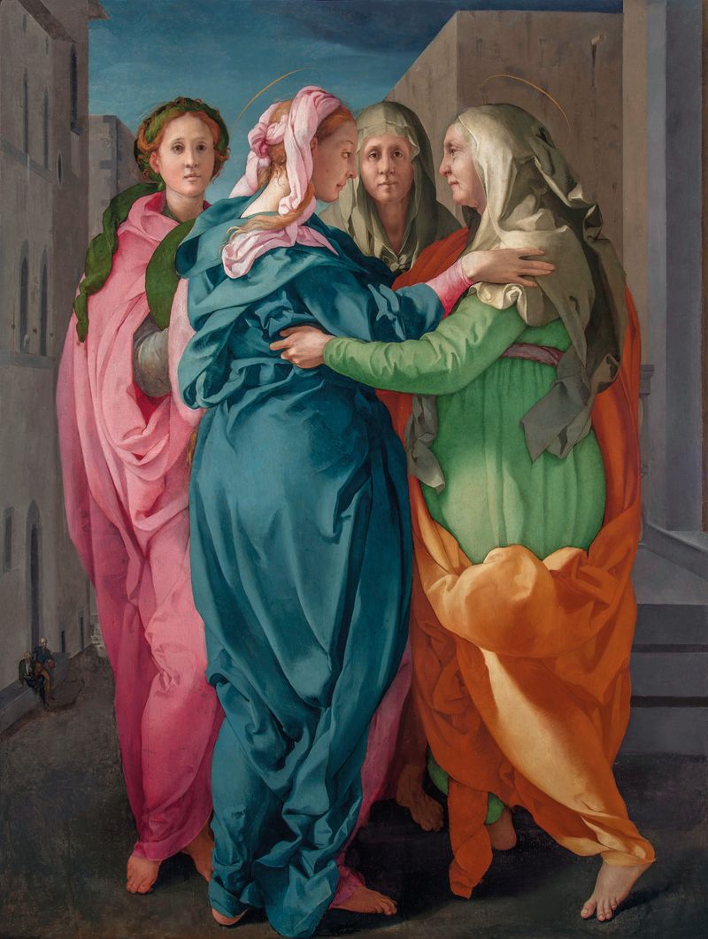 Pontormo's Visitation (1528-1529), a Mannerist painting in the Pieve di San Michele Arcangelo at Carmignano, depicting Mary and Elizabeth meeting in profile, with two attendant figures behind them