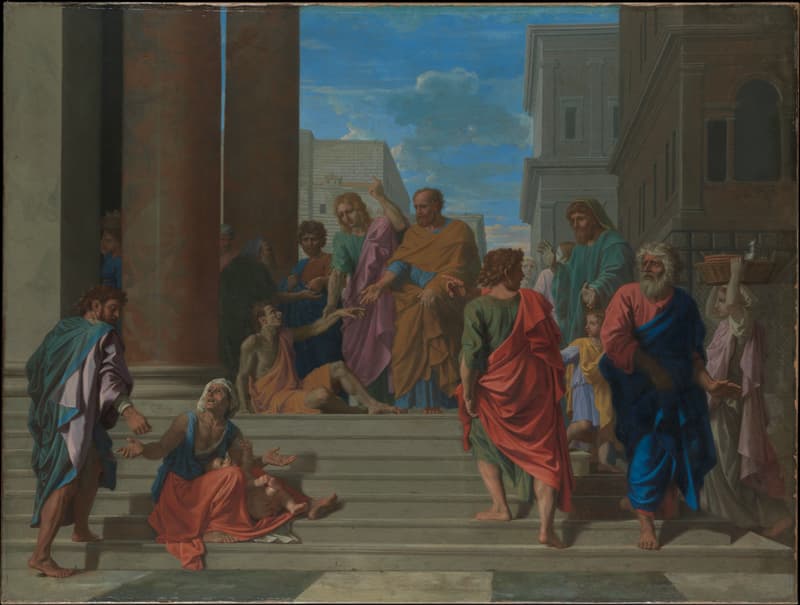 Nicolas Poussin's painting of Peter and John on the steps of the Temple, Peter reaching toward a lame man seated on the stairs as onlookers gather.