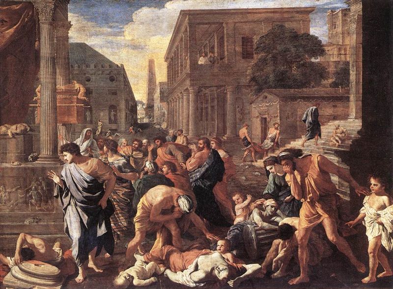 Nicolas Poussin, 'The Plague of Ashdod' (1630–1631)—the Philistine city struck with disease after seizing the ark, with the broken image of Dagon lying in pieces on the temple floor at left.