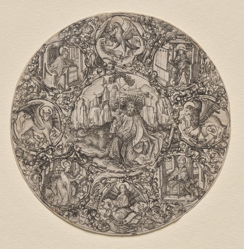 A circular engraving filled with ornamental foliage. At the center a haloed John the Baptist sits in a rocky landscape with a book. Around him, in roundels, are an eagle, an ox, a lion, and an angel, each with a scroll, and in four niches four saints sit at desks: a pope in a tiara reading, a cardinal in a broad hat with a lion at his feet, and two bishops in mitres, one writing at a lectern and one seated with a book.