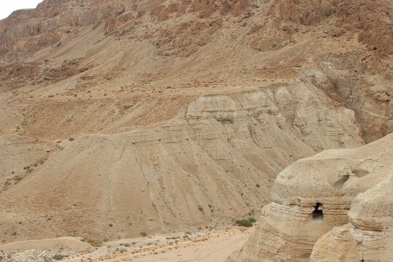 The caves at Qumran near the Dead Sea where the Dead Sea Scrolls were discovered beginning in 1947